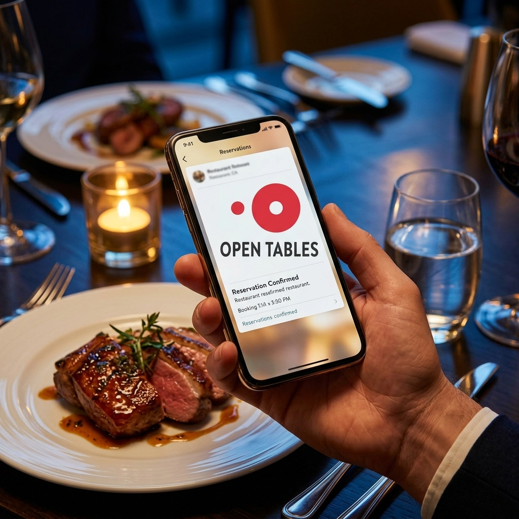 Booking a restaurant reservation through a dining app on a smartphone