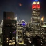 Glamorous hotel bars NYC skyline view from a Manhattan rooftop lounge at dusk