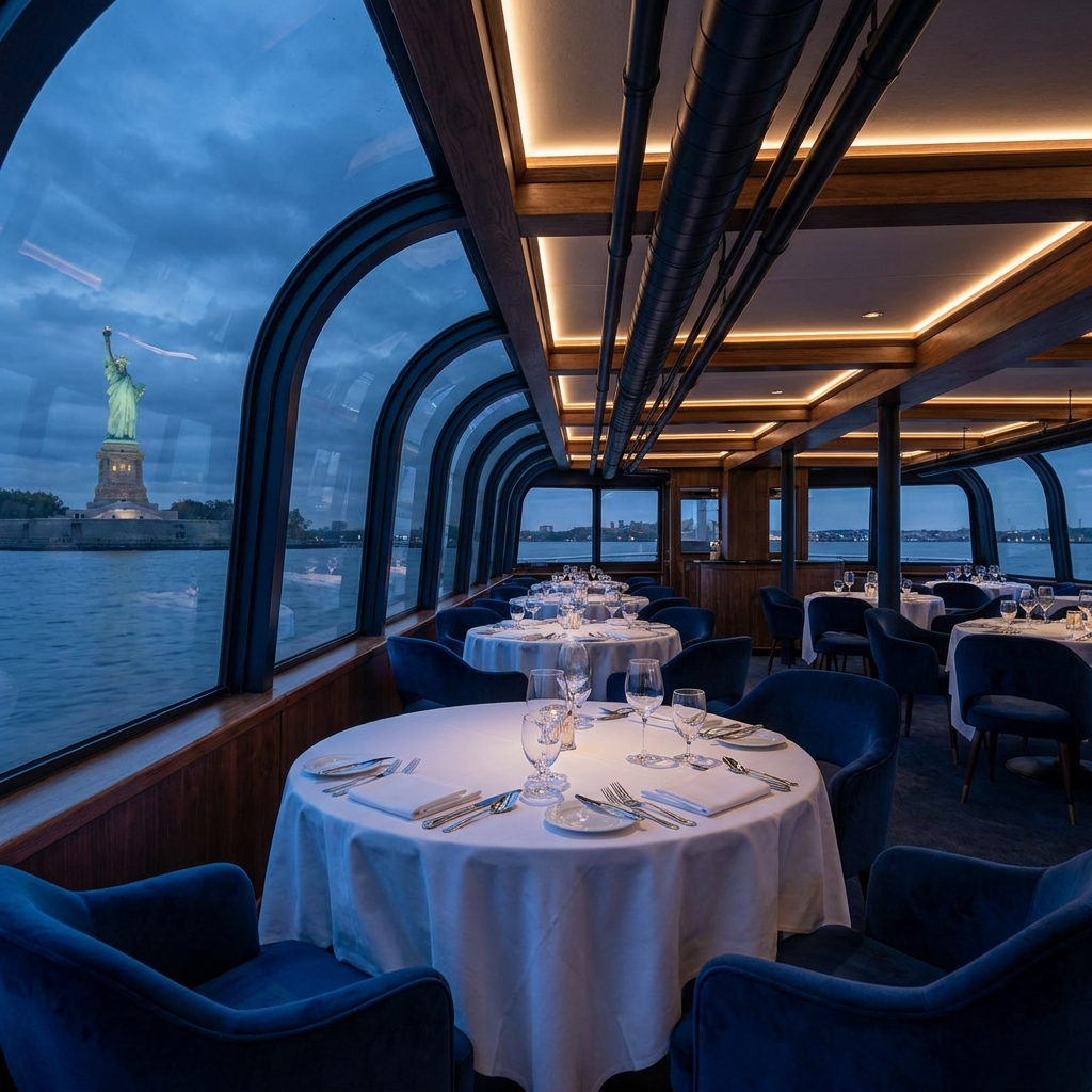 Glass-enclosed dinner cruise interior, a budget-friendly alternative to a private yacht charter NYC