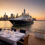 Private yacht charter NYC cruising past the Manhattan skyline at sunset