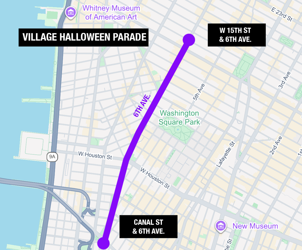 Village Halloween Parade route map along Sixth Avenue in Greenwich Village
