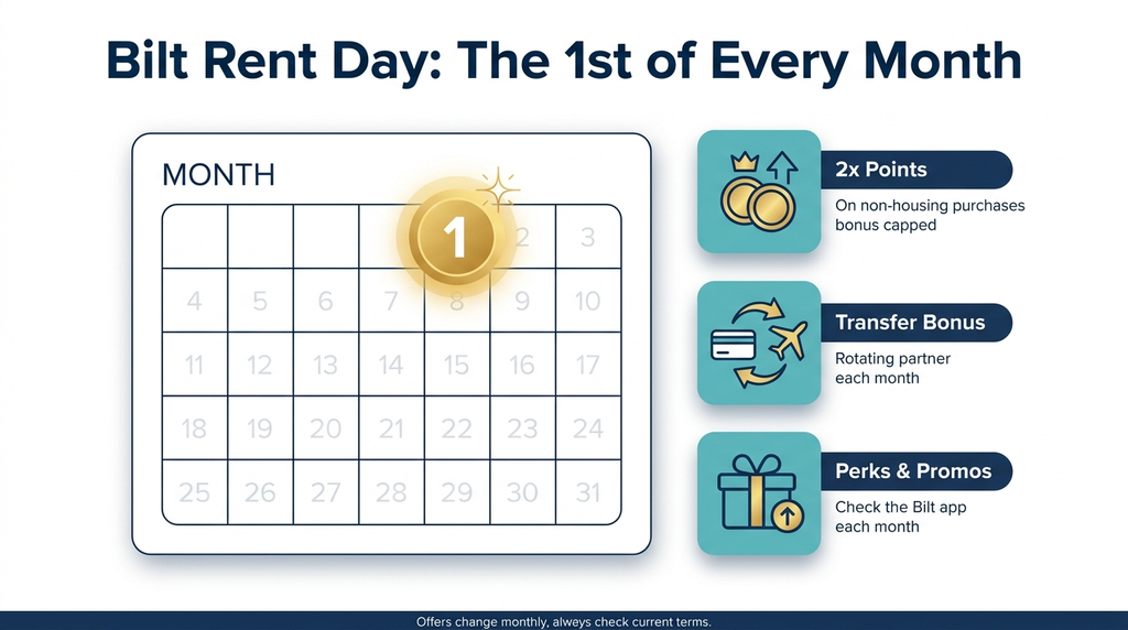 Calendar graphic showing a Bilt Rent Day transfer bonus on the first of the month