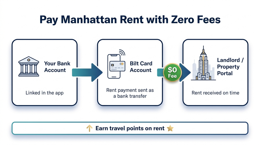 Diagram showing a Manhattan rent payment flowing from a Bilt card account to the landlord with no fee