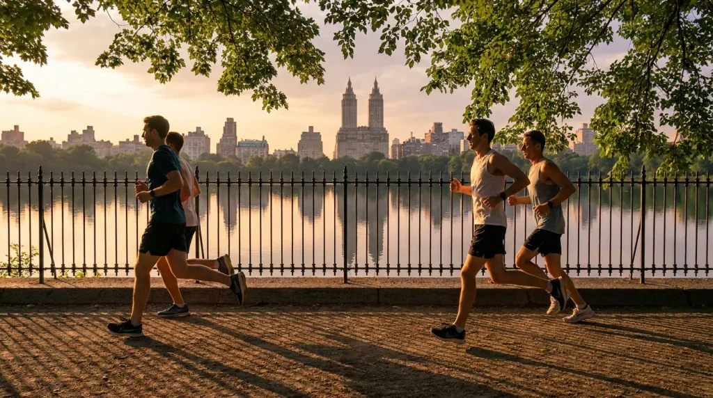 Runner jogging in Central Park at sunrise near boutique hotels with gym access in Manhattan