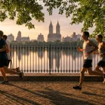 Runner jogging in Central Park at sunrise near boutique hotels with gym access in Manhattan