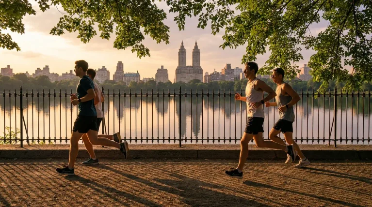 Runner jogging in Central Park at sunrise near boutique hotels with gym access in Manhattan