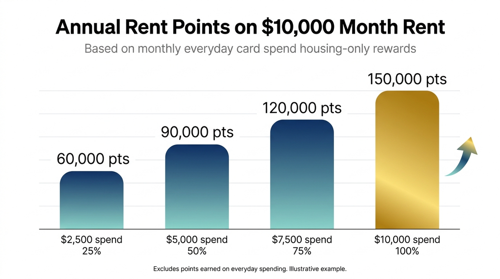 Bar chart of Bilt points earned on $10,000 Manhattan rent at 25, 50, 75 and 100 percent card spend