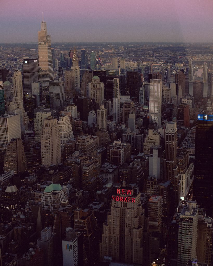 Manhattan skyline at dusk, the destination for award flights from Europe