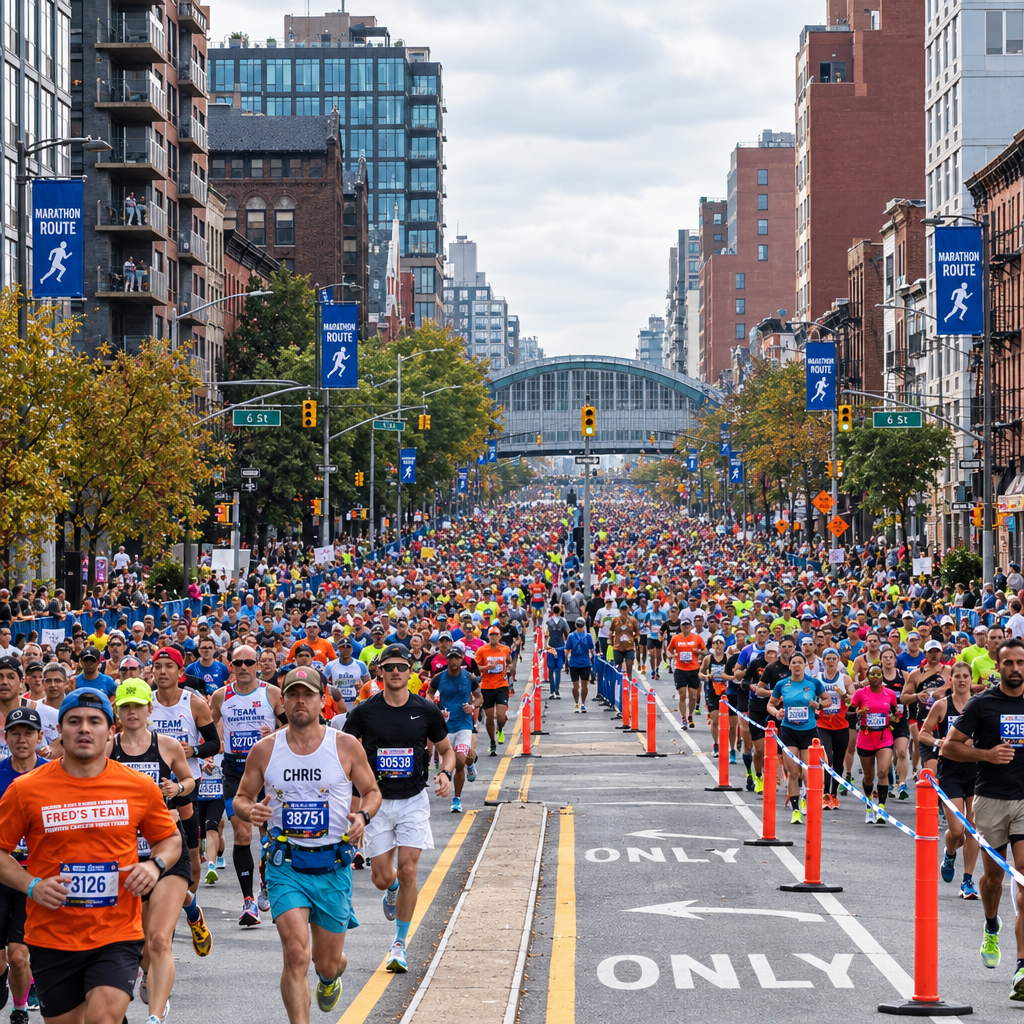 Runners streaming down a wide Brooklyn avenue lined with brownstones and cheering spectators during the New York City Marathon