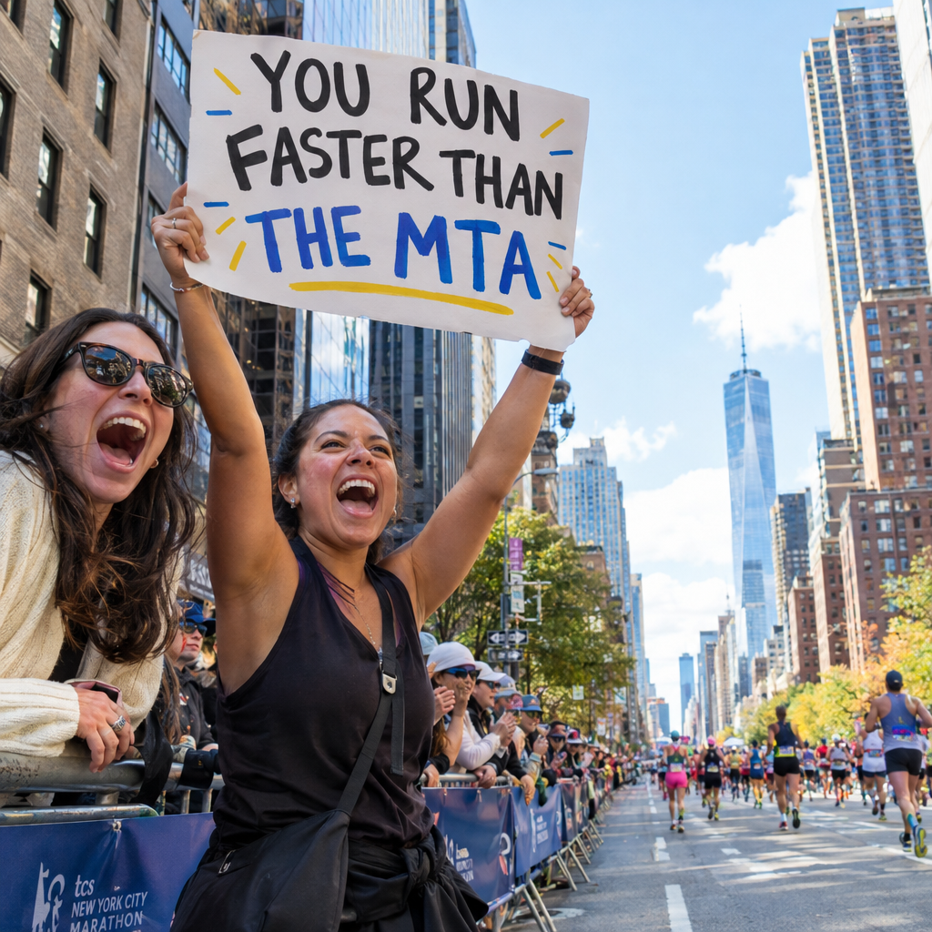 Spectators holding handmade signs along First Avenue as NYC Marathon runners pass on a cool November morning