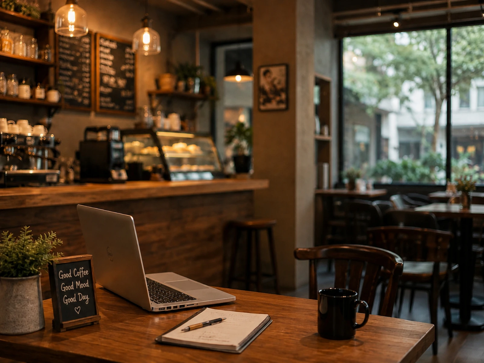 Café table with a laptop, a notebook with a pen and a black coffee mug