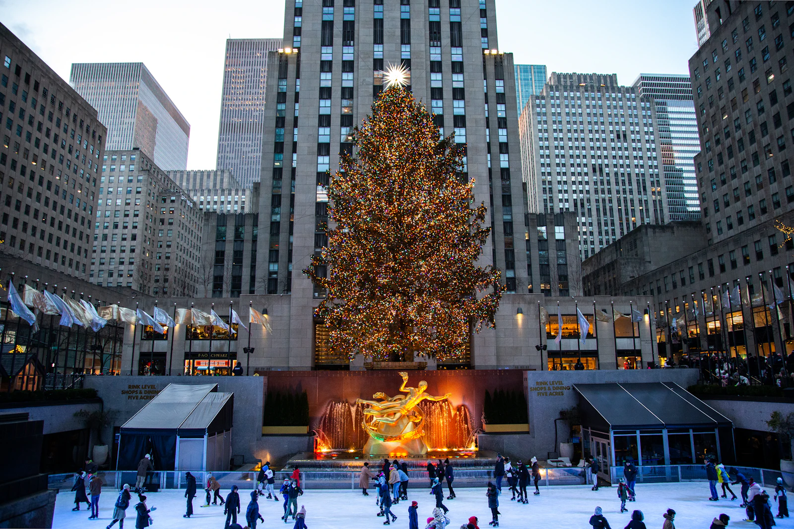 The Rockefeller Center Christmas tree lit above the ice rink and the golden Prometheus statue, with skaters on the ice