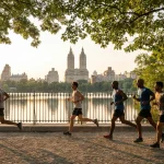 Runner on a Central Park path in New York City, where a running injury may call for urgent care in NYC