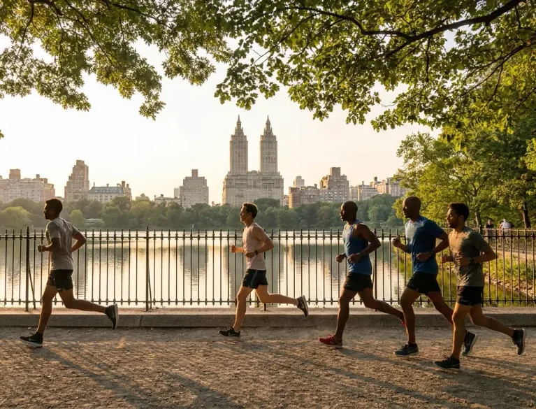 Runner on a Central Park path in New York City, where a running injury may call for urgent care in NYC