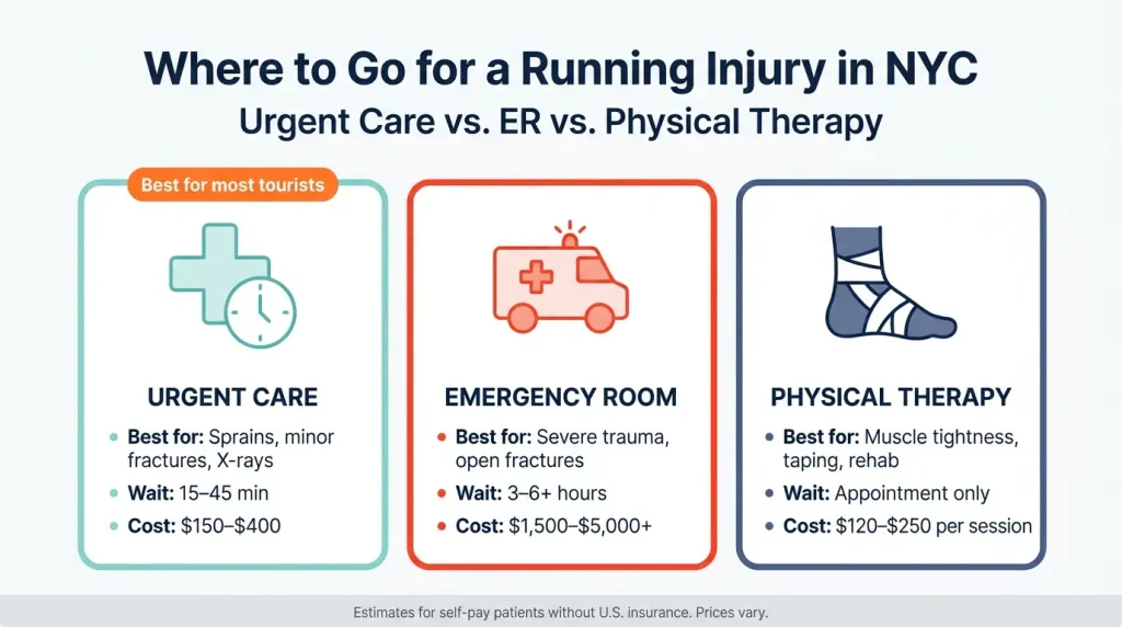 Infographic comparing urgent care, ER and physical therapy costs and wait times in NYC