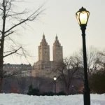 A lamppost and bare trees in a snow-covered Central Park, with twin-towered apartment buildings in the distance