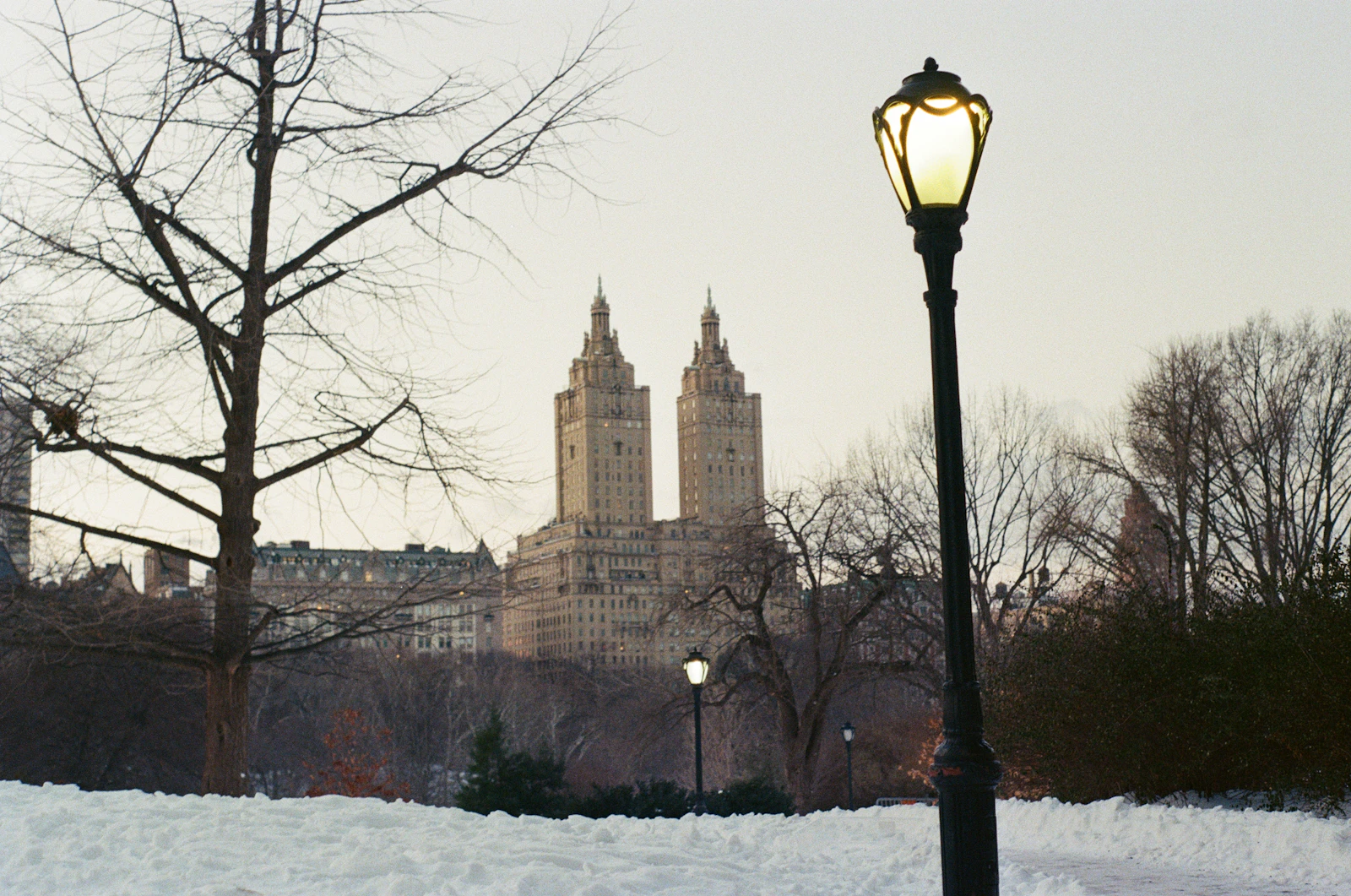 A lamppost and bare trees in a snow-covered Central Park, with twin-towered apartment buildings in the distance