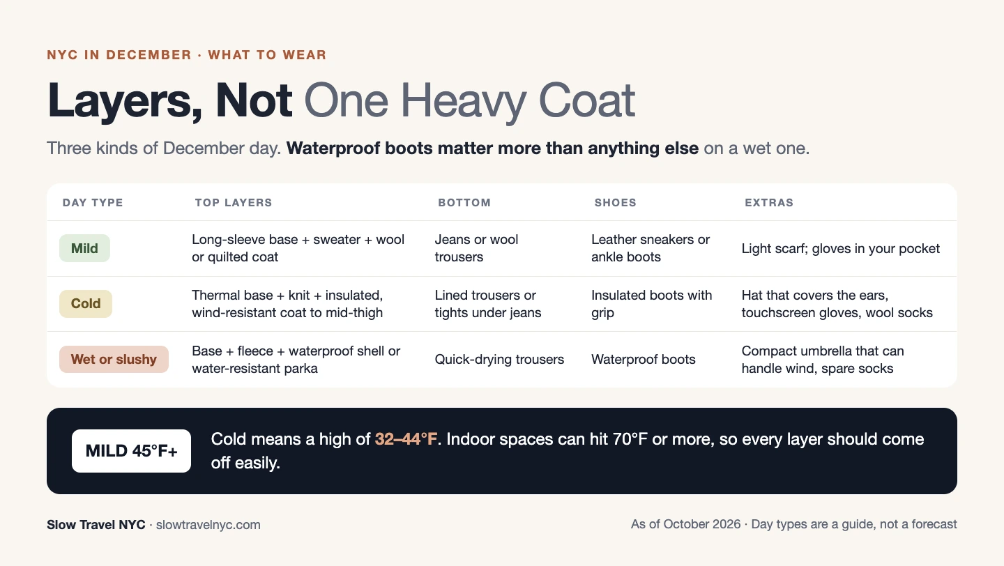 Infographic comparing what to wear in NYC in December on mild, cold and wet days, with layers, shoes and extras