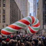 Giant candy cane balloon floating above spectators on a Midtown street during a Thanksgiving parade